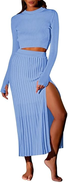 Pink Queen Women's 2 Piece Sweater Outfits Set Long Sleeve Crop Top Ribbed Split Bodycon Midi Lon... | Amazon (US)