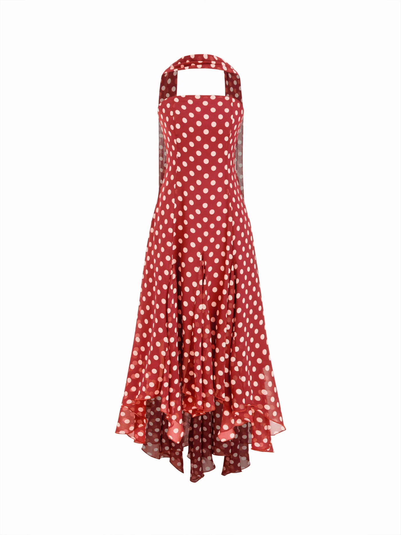 Chiffon Halter Neckline Polka Dot Ruffled Hem Ruched Maxi Dress | Cider