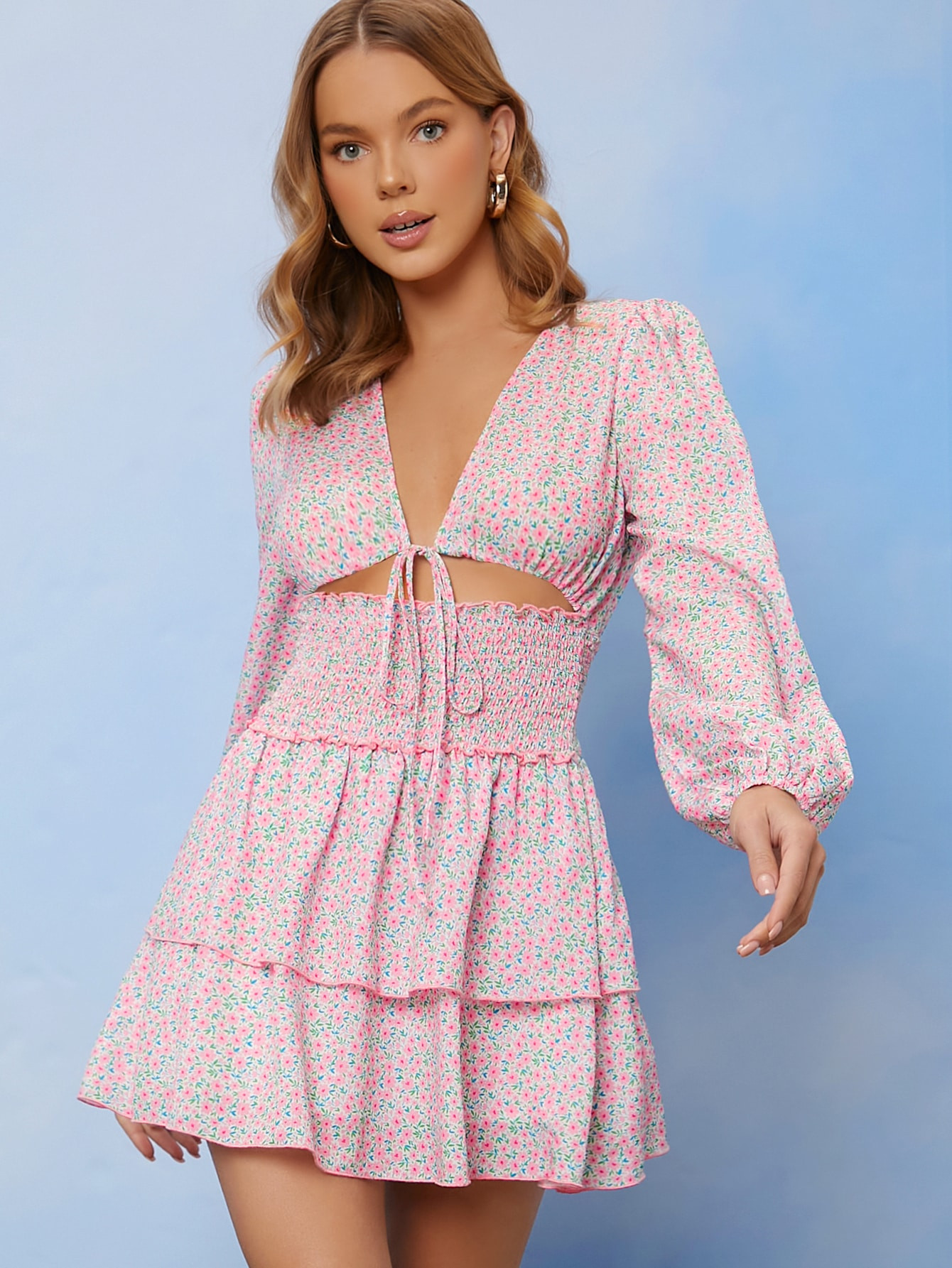 SHEIN Tie Front Cut Out Frill Trim Shirred Waist Ditsy Floral Dress | SHEIN