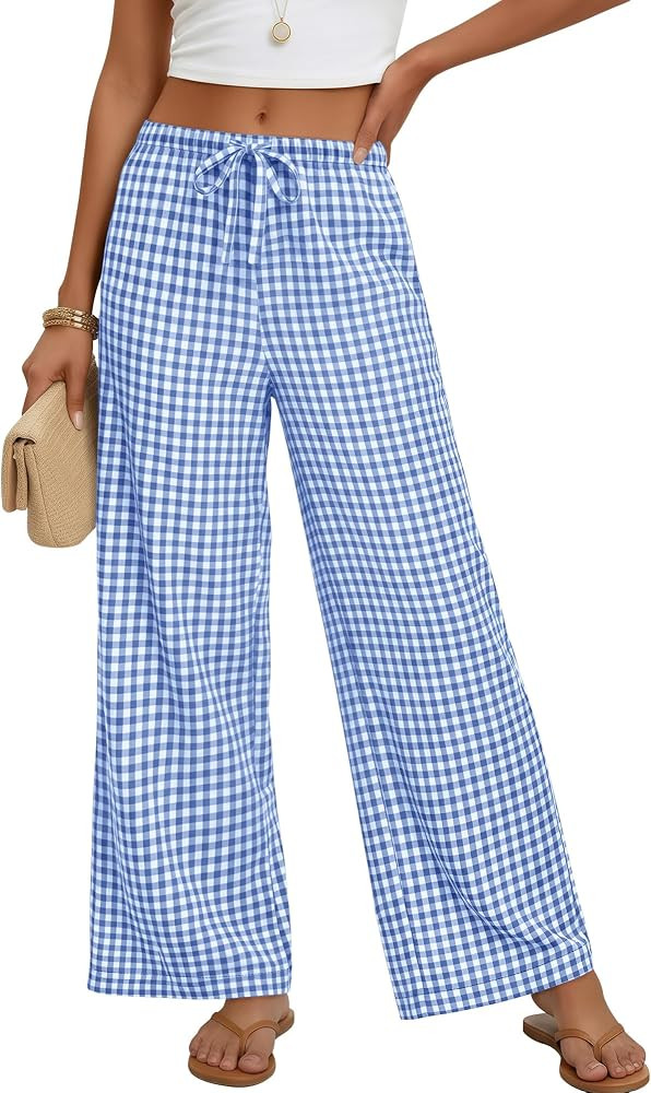 Xaatren Women's Gingham Pants 80% Cotton Striped Plaid Pajamas Elastic Waist Lounge Bottoms Casua... | Amazon (US)