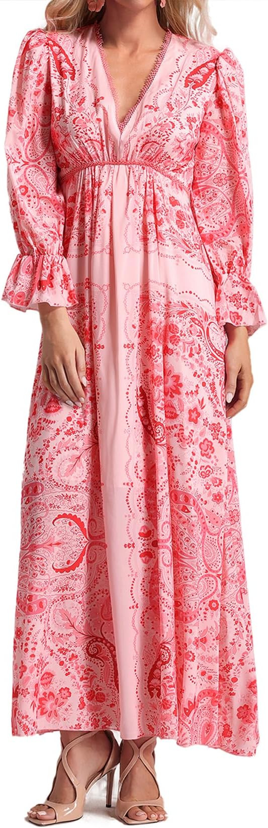 Pink Printed Floral Dress for Women Long Sleeve Maxi Lace Dress V Neck Silk Dress | Amazon (US)