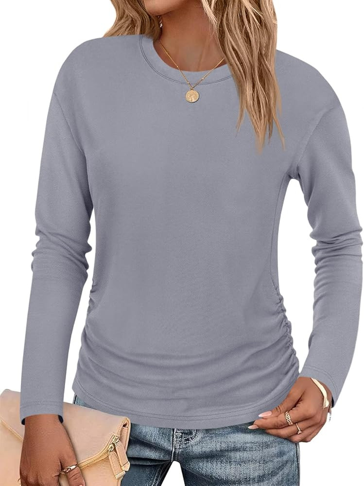 Tankaneo Womens T-Shirts Summer Long Sleeve 2025 Crew Neck Blouse Dressy Casual Ruched Slim Fit T... | Amazon (US)