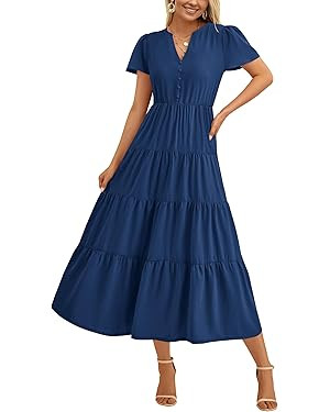 PRETTYGARDEN Women Summer Midi Dresses 2025 Casual Short Sleeve V Neck Belted Tiered Ruffle Vacat... | Amazon (US)