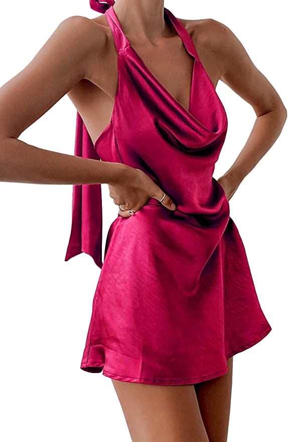 Cantonwalker Women's Cowl Neck Halterneck Slip On Backless Satin Mini Dress Sexy Silky Party Club... | Amazon (US)