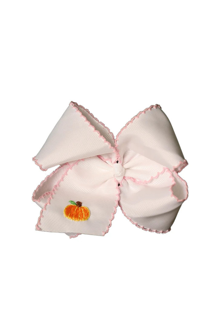 Embroidered Pumpkin Scalloped Edge Grosgrain Bow White/Orange | The Smocked Flamingo