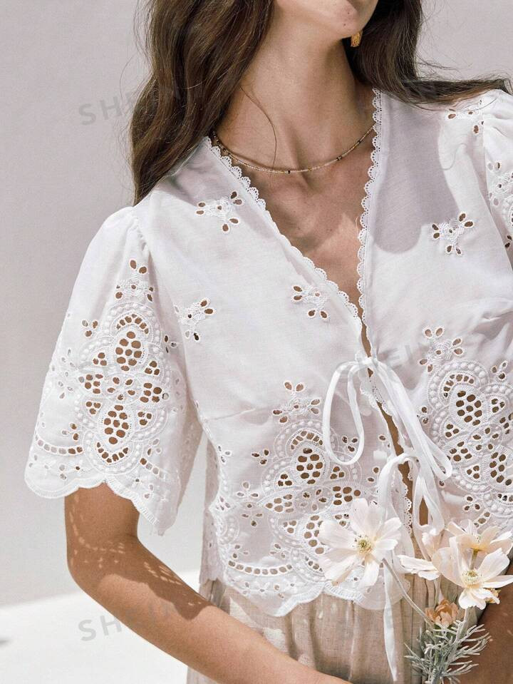 SHEIN Frenchy Summer White Ruffle Sleeve Embroidery Fabric Lace Up Short Top, Summer Blouse For W... | SHEIN