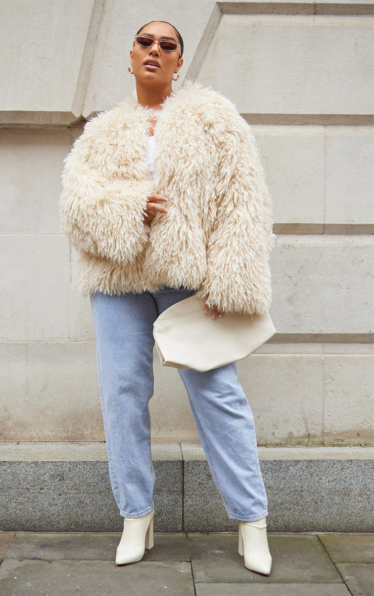 Plus Cream Soft Touch Shaggy Faux Fur Coat | PrettyLittleThing US