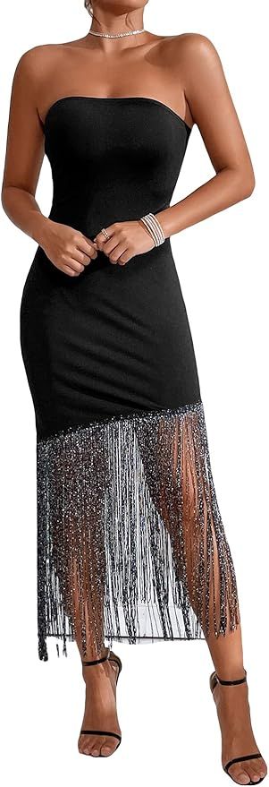 GORGLITTER Women's Sexy Fringe Bodycon Midi Dress Strapless Sequin Tassel Sleeveless Tube Dresses | Amazon (US)