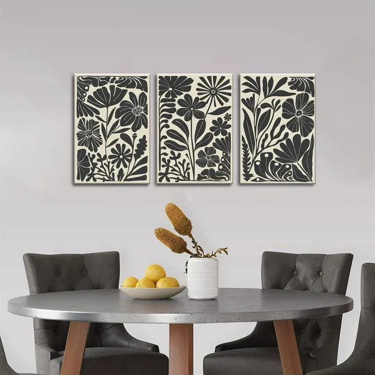 Black Beige Abstract Floral Botanical Canvas Framed Wall Art Prints Minimalist Modern Boho Flower... | Walmart (US)