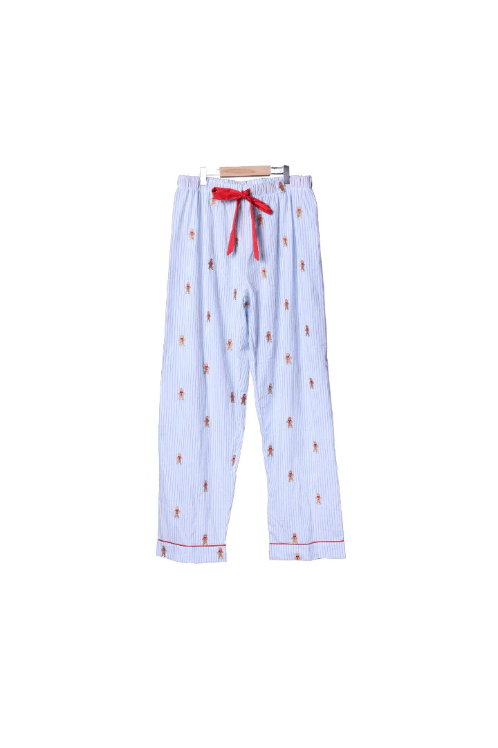 Embroidered Gingerbread Blue Pinstripe Matching Dad Pajama Pants | The Smocked Flamingo
