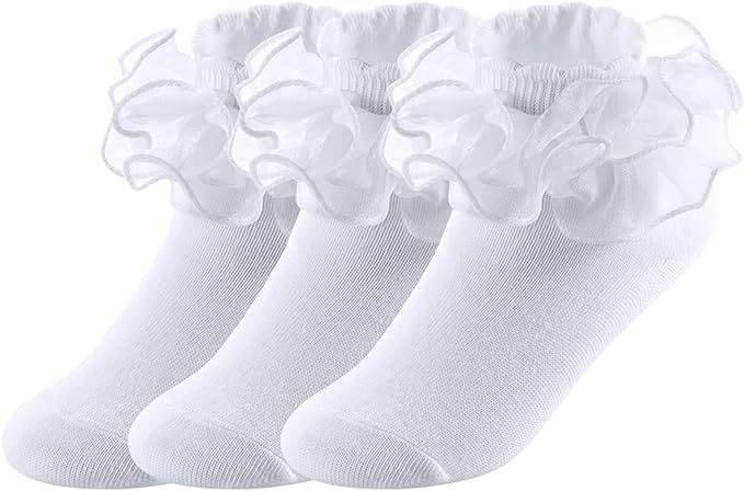 Big Girls Lace Socks Shimmering Organza Ruffle Comfortable Frilly Dress Ankle Socks 3 Pairs | Amazon (US)
