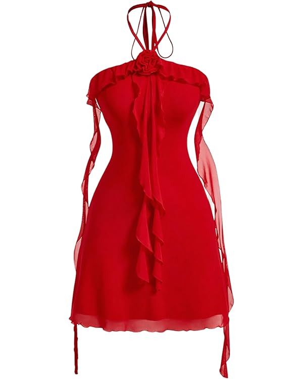 GORGLITTER Women's Flower Strapless Halter Bodycon Mini Dresses Elegant Classy Y2K Mesh Tassel Ba... | Amazon (US)