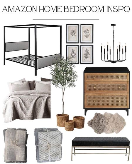 Amazon modern farmhouse bedroom must have. Modern bed frame. Grey upholstered traditional canopy iron frame. Flower wall art. Farmhouse black candle chandelier. Wooden drawer dresser with Rattan woven front. Grey linen bedding. Artificial olive tree. Black leather bench gold brass accent legs. Interior designer bedroom decor

#LTKhome #LTKHolidaySale #LTKGiftGuide