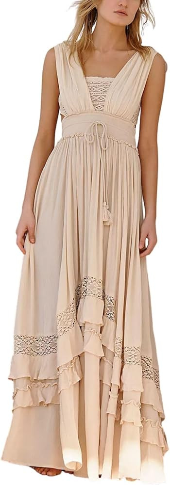 Kaipiclos Y2k Long Bodycon Dresses for Women Spaghetti Strap Low Cut Cutout Open Back Tiered Flow... | Amazon (US)