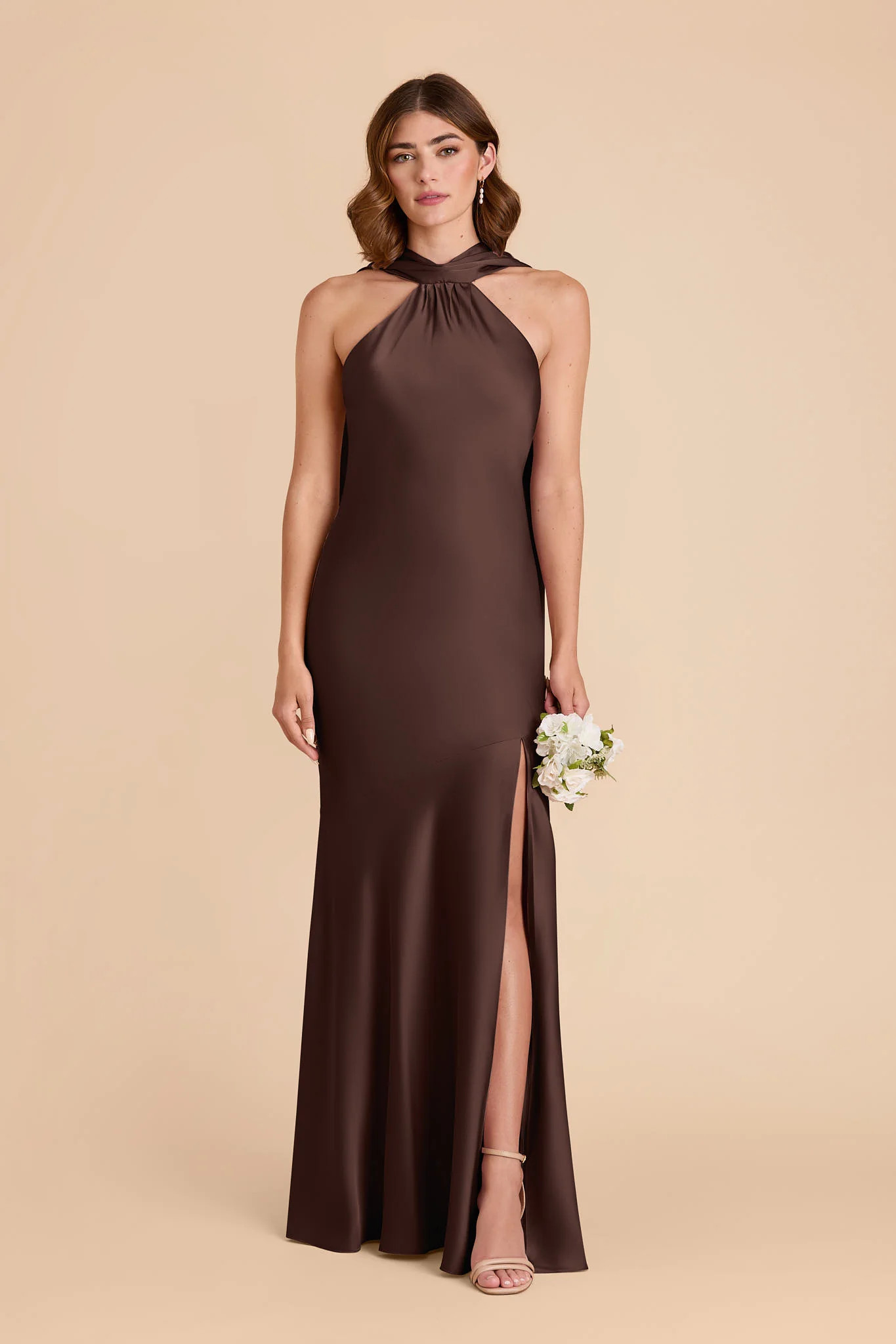 Eileen Espresso Satin Halter Bridesmaid Dress | Birdy Grey | Birdy Grey
