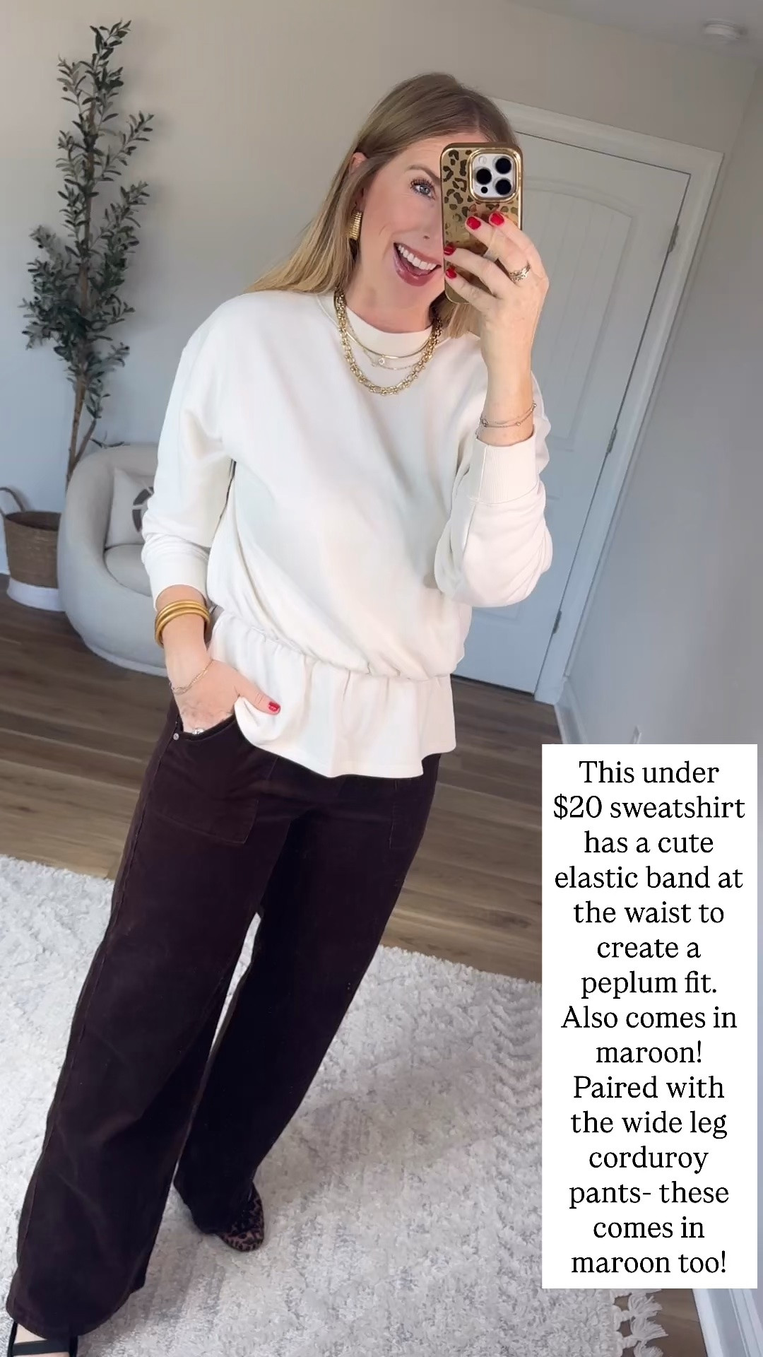 Walmart try on, scenario, peplum sweatshirt, corduroy pants, Walmart fashion
