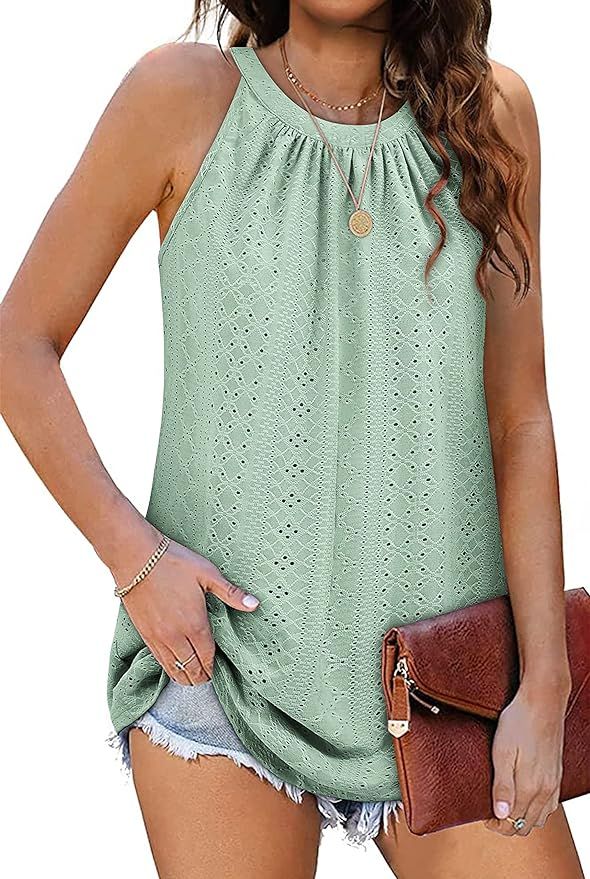 Zwurew Tank Top for Women Loose Fit High Neck Sleeveless Halter Tops Casual Pleated Eyelet Summer... | Amazon (US)