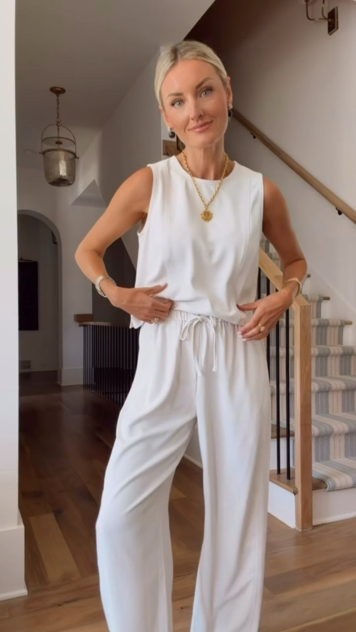 Love this white Spanx set! I put a striped sweater over my shoulders for a polished look but can definitely be worn casually on its own! Great material as well. Wearing XS tank and S pants

Loverly grey, white pant lounge set, everyday casual outfit ideas, white loungewear matching set, work from home travel outfit

#LTKTravel #LTKSeasonal