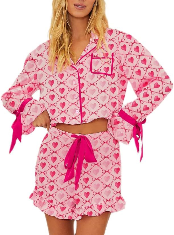 Women Holiday Party Pajamas Cute Satin Silk PJs 2 Piece Outfits Long Sleeve Button Down Shirt Lou... | Amazon (US)