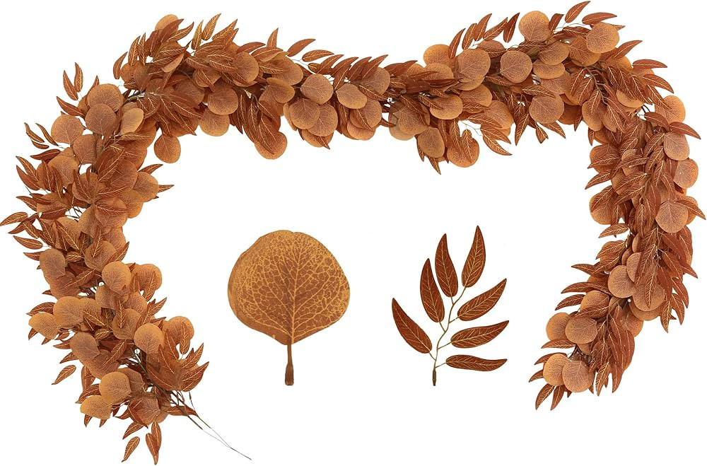 Greentime 2 Pack Artificial Autumn Eucalyptus Garland 6.5 Feet Fake Fall Leaf Garland for Hallowe... | Amazon (US)