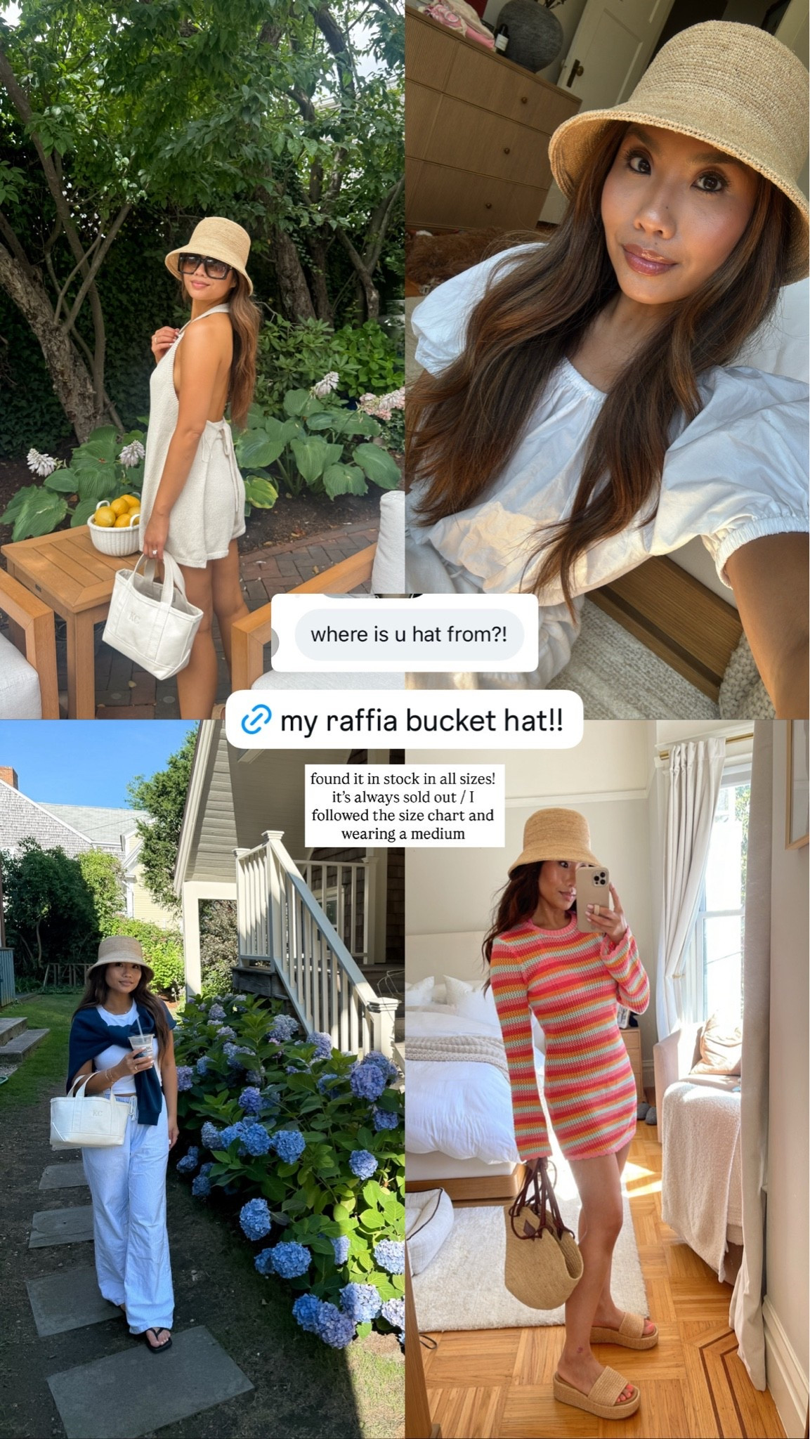 My raffia bucket hat!! I got mine last year and it’s my favorite summer hat :) I followed the size chart and got a medium 

It’s always sold out and I found it in stock in all sizes! Also comes in black and dark brown

#LTKootd