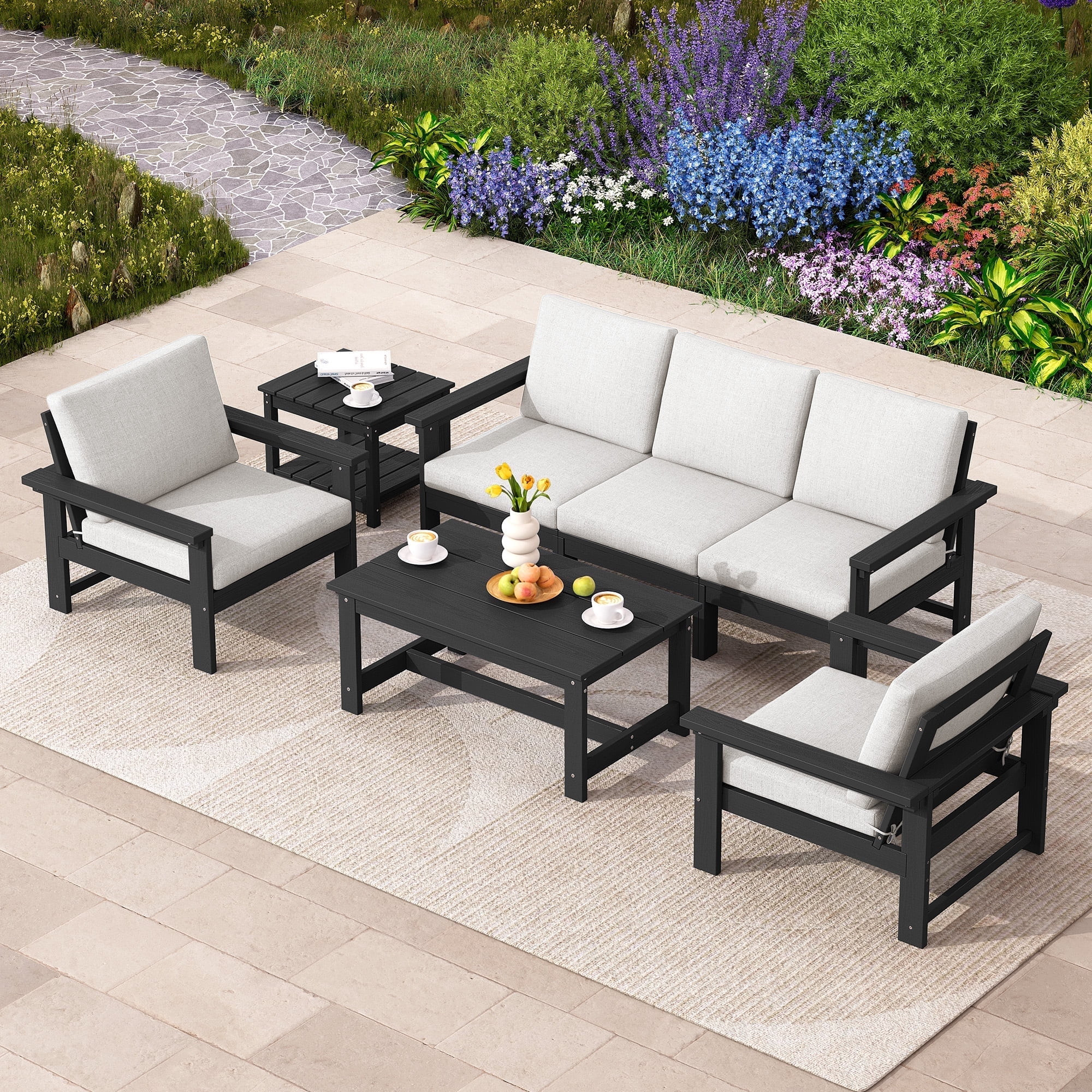 SERWALL Outdoor Patio Furniture Set, 7-Piece HDPE Outdoor Sofa Set Patio Conversation Set, Black ... | Walmart (US)