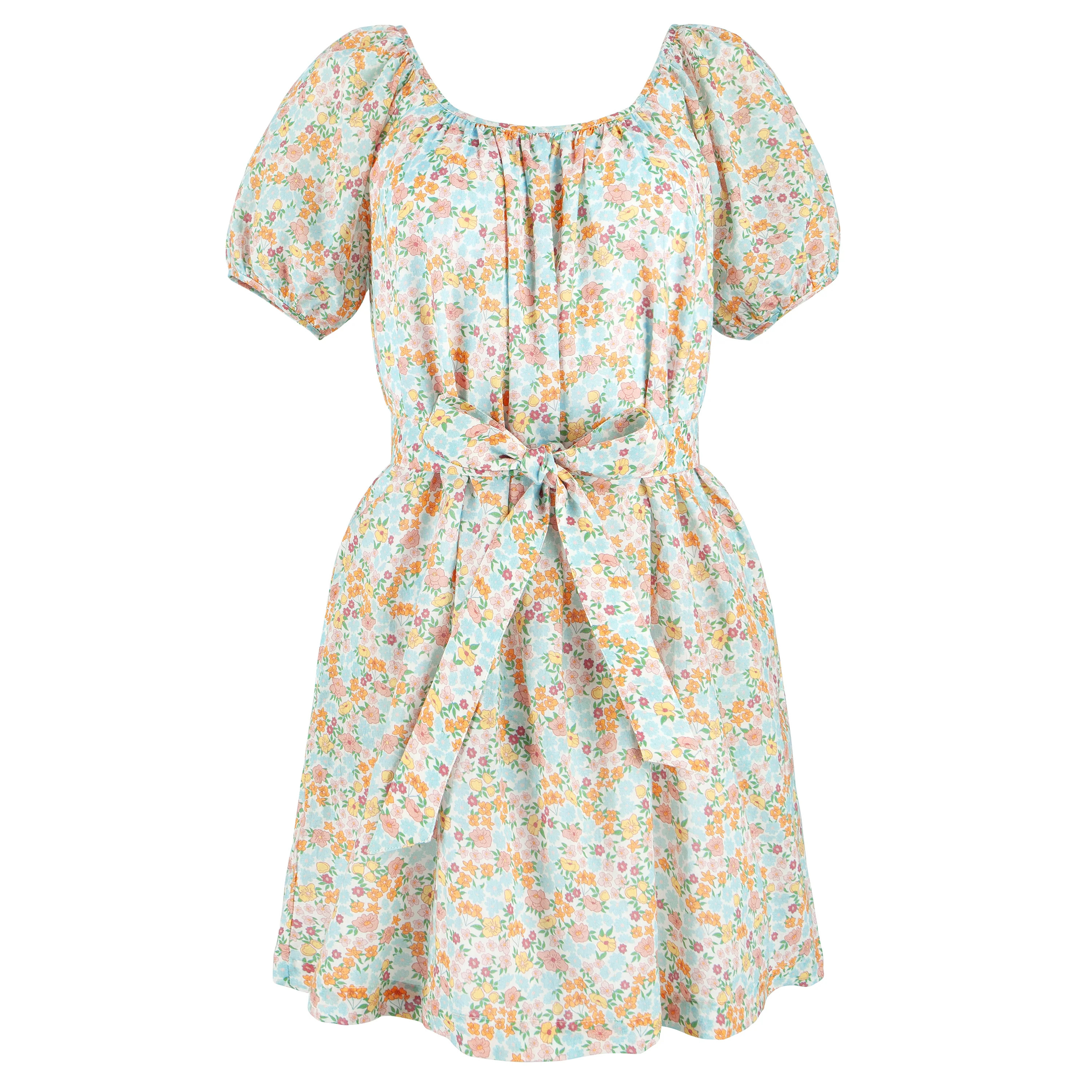 women's hawaiian floral short sleeve gathered square neckline dress | minnow