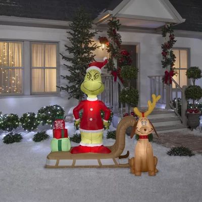 Grinch and Max on Sled LG Scene Grinch Inflatable Gemmy Industries | Wayfair North America