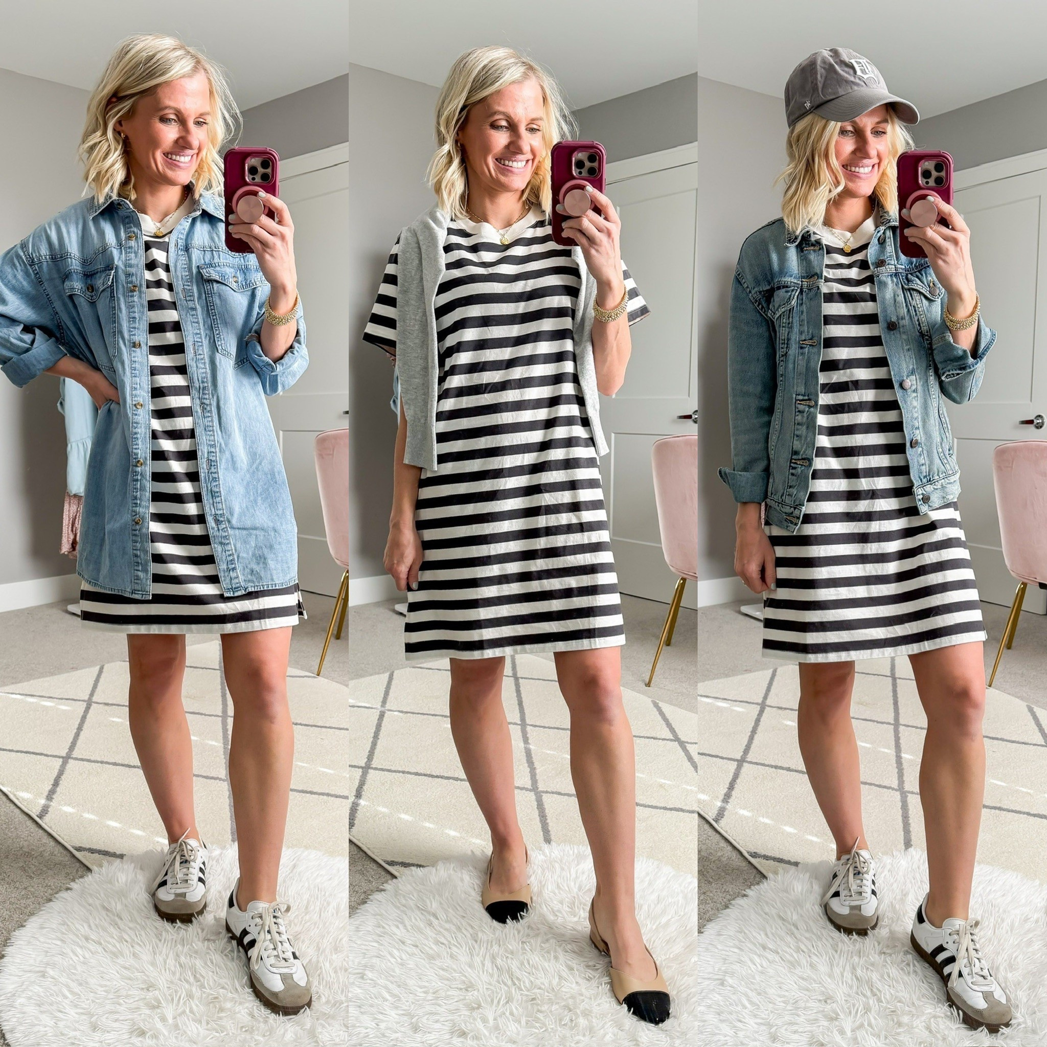 Spring capsule wardrobe outfits with a striped T-shirt dress  

#LTKStyleTip #LTKSeasonal #LTKPetite
