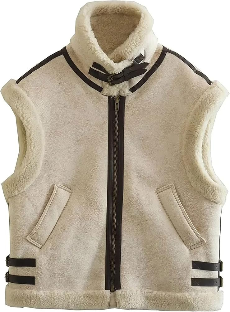 APAFES Womens Winter Fur Suede Vest Stand Collar Sleeveless Fleece Shearling Jacket Coat | Amazon (US)