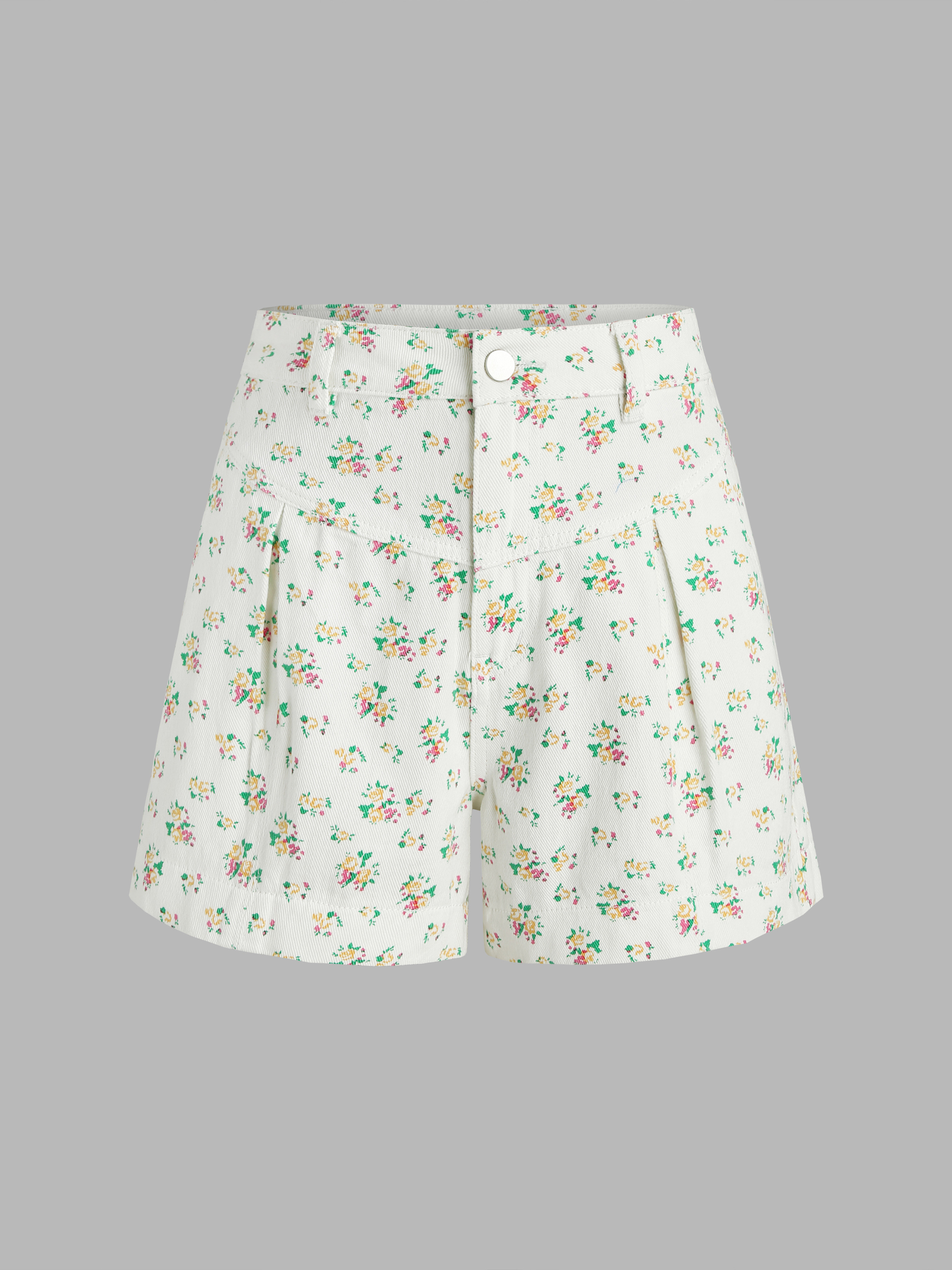 Denim Denim Floral Pleated Shorts For Daily Casual Vacation | Cider