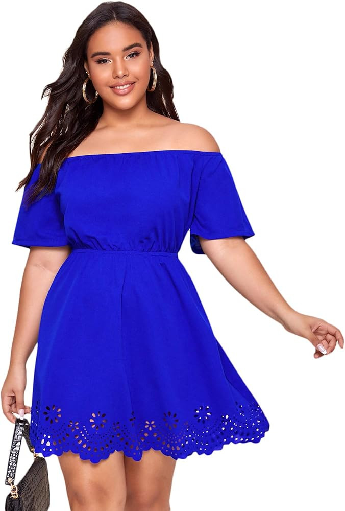 Romwe Women's Plus Size Off The Shoulder Hollowed Out Scallop Hem Party Short Dresses | Amazon (US)
