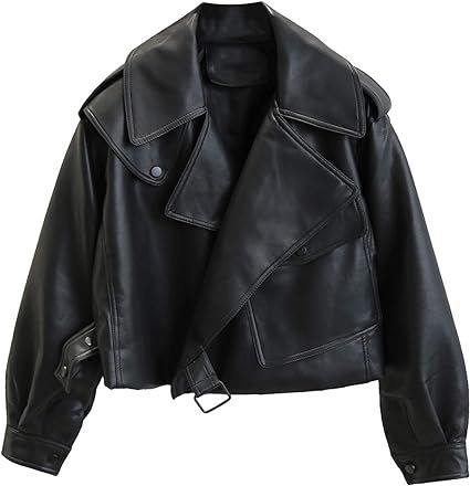 Women Black Faux Leather Jackets Casual Short Oversized Coat Asymmetrical Motor Biker Jacket | Amazon (US)