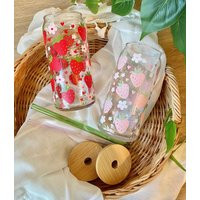 Strawberry Hearts Beer Can Glass, Berries Iced Coffee Pink Strawberries, Valentines Day Gift, Galentines Gift For Her, Fruit Glass | Etsy (US)