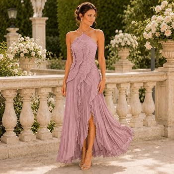Women's Halter Neck Ruffled Pleated Maxi Dress, Sleeveless Chiffon Asymmetric Hem Cocktail Evenin... | Amazon (US)