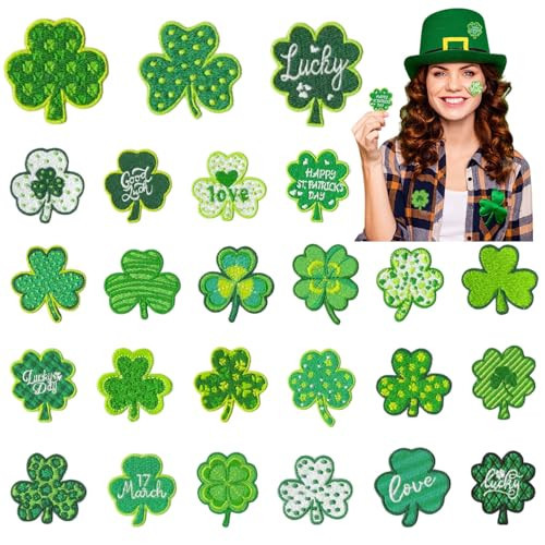 MXCOIRTP 25Pcs St. Patrick's Day Shamrock Iron on Patches, Three Leaf Clover Sew on Patches Applique Repair Patch ﻿DIY Crafts for Clothing Jacket Jeans Pants Hats Backpack | Amazon (US)
