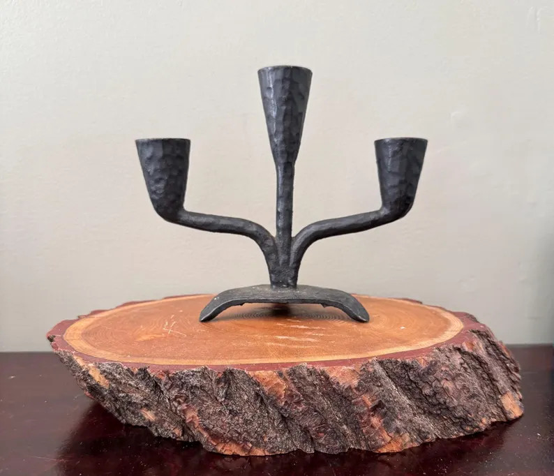 MCM Brutalist Dark Hammered Iron Three Arm Candelabra - 5 3/4" high | Etsy (US)