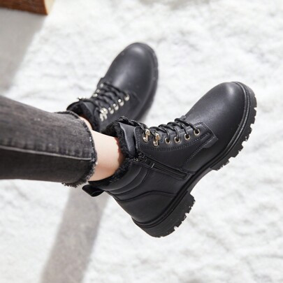 Womens Waterproof Hiking Boots Outdoor,Black Fur Lined Winter Boots For Women,Ankle Combat Boots Snow Boots With Side Zipper | SHEIN