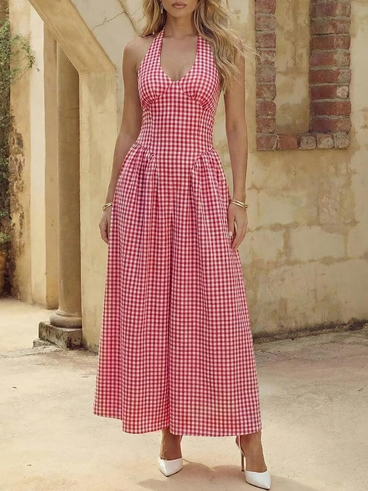 Wenrine Womens Halter V Neck Corset Maxi Dresses Summer Plaid Smocked Tie Back Backless Wedding G... | Amazon (US)