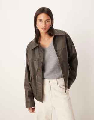 Gina Tricot distressed PU short jacket in dark brown | ASOS (Global)