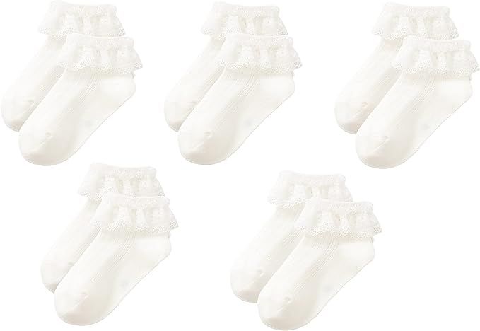 Gwenveni Toddler Girls Ruffle Lace Trim Cotton Socks Eyelet Frilly Dress Socks 5 -Pack | Amazon (US)