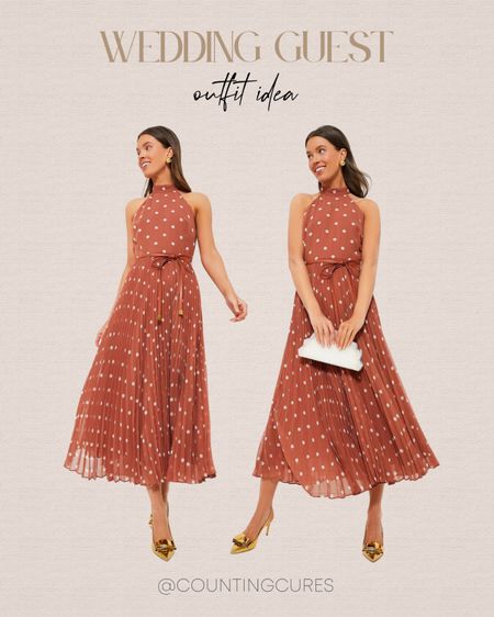 Elevate your wardrobe with this rust-pleated midi dress paired with a clutch bag, gold heels, and earrings! Perfect to wear as a wedding guest or for date nights!
#springfashion #outfitinspo #formalwear #transitionalstyle

#LTKstyletip #LTKwedding #LTKSeasonal