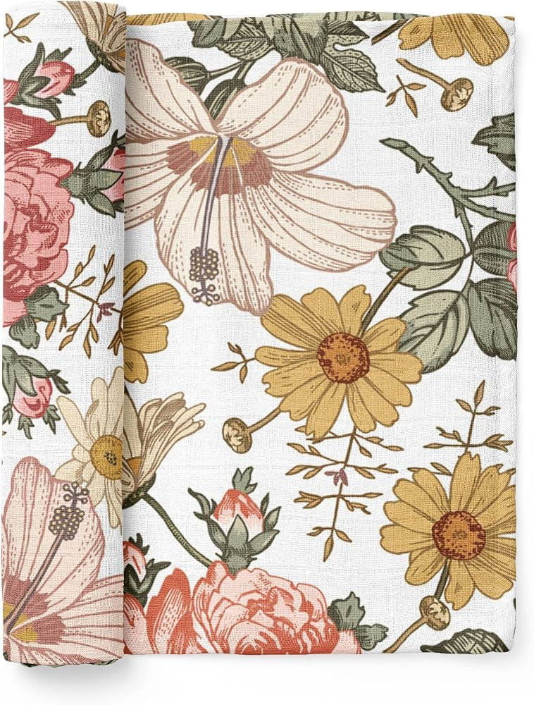 Muslin Swaddle Blanket – Garden Floral (White) Floral Baby Blanket Wrap Cute Infant Newborn Ess... | Amazon (US)