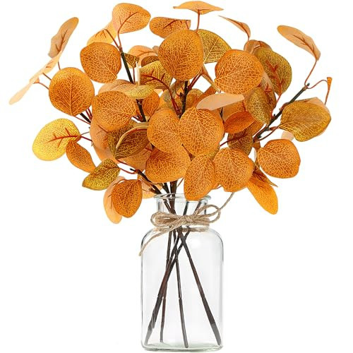 Sggcecsy 6 Pcs Fall Eucalyptus Leaves in Glass Vase 14" Artificial Autumn Stems Silver Dollar Leaves Fake Silk Branches with Vase for Indoor Home Autumn Festival Thanksgiving Decor | Amazon (US)