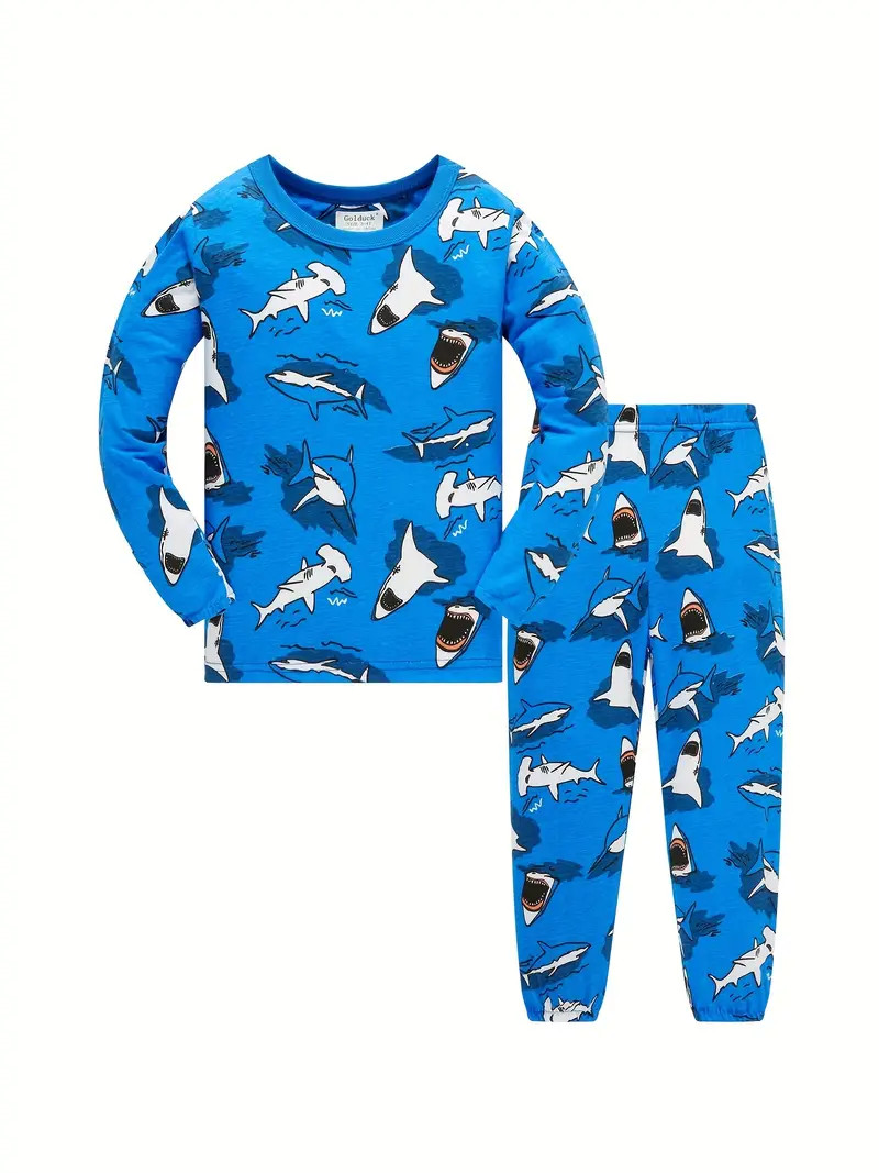 Boys 2pcs Pajamas Cotton Long Sleeve Round Neck Pullover Top & Pants Shark Print Comfortable Casu... | Temu Affiliate Program