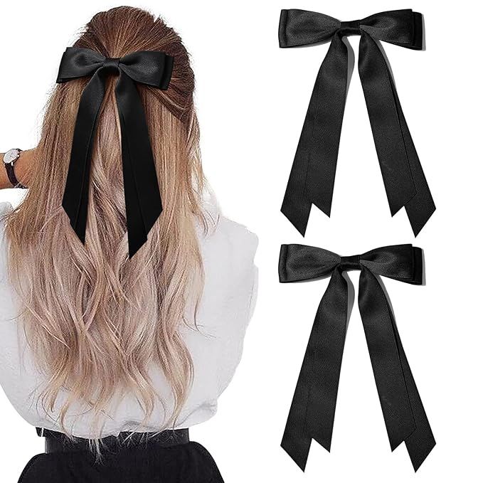 2PCS Silky Satin Hair Bows Hair Clip Black Hair Ribbon Ponytail Holder Accessories Slides Metal C... | Amazon (US)