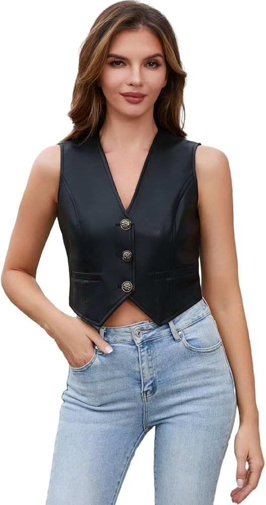 DIASHINY Women Faux Leather Vest Cropped Pu Leather Button Vest Biker Motorcycle Waistcoat | Amazon (US)