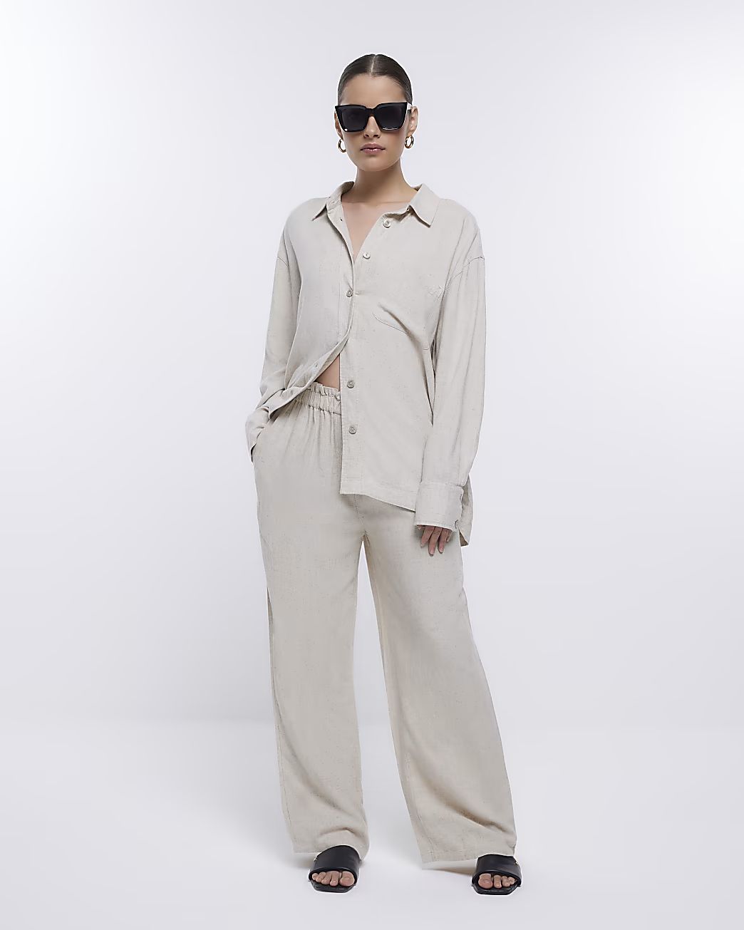 Stone wide leg trousers with linen | River Island (UK & IE)