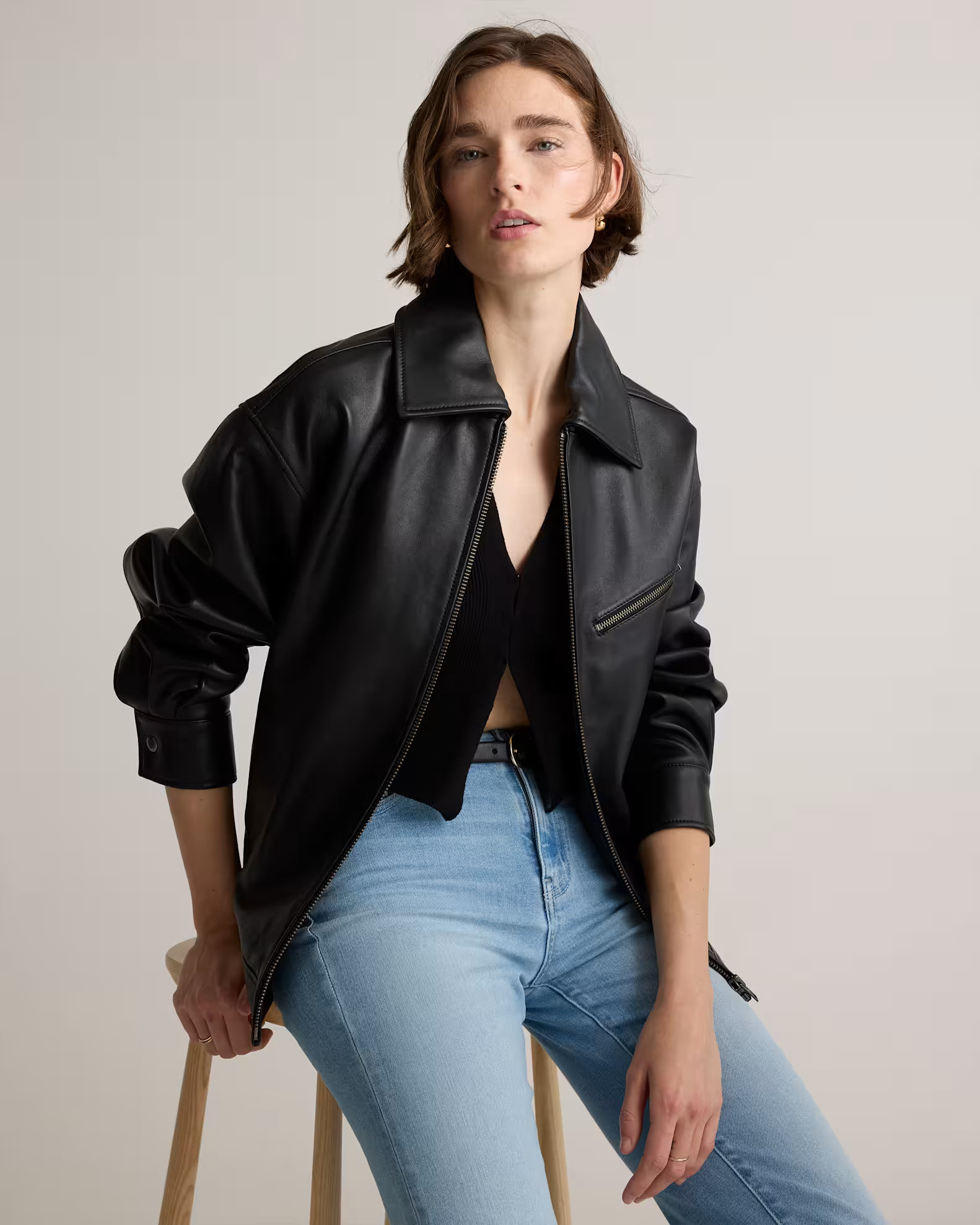 100% Leather Oversized Bomber Jacket in True Black | Quince