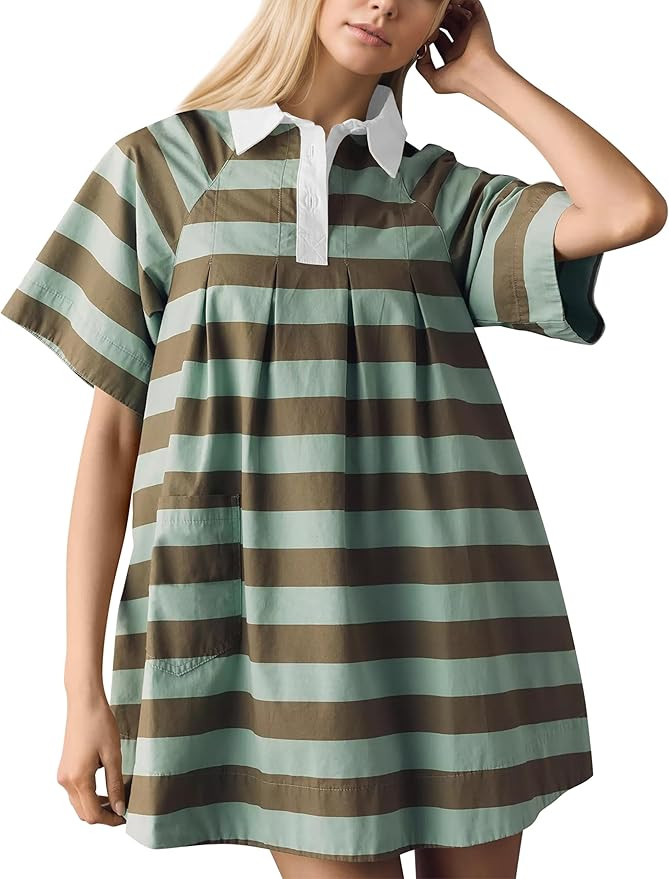 Meladyan Women's Striped Polo Dress Lapel Mini Dresses Cute Stripes Pleated Shirt Dress Summer Be... | Amazon (US)